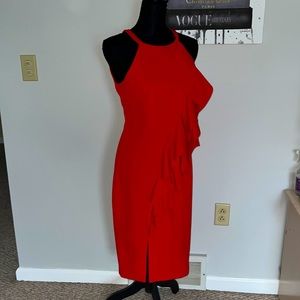 NWT Vince Camuto red halter dress Laguna crepe Body-Con sheath ruffle front